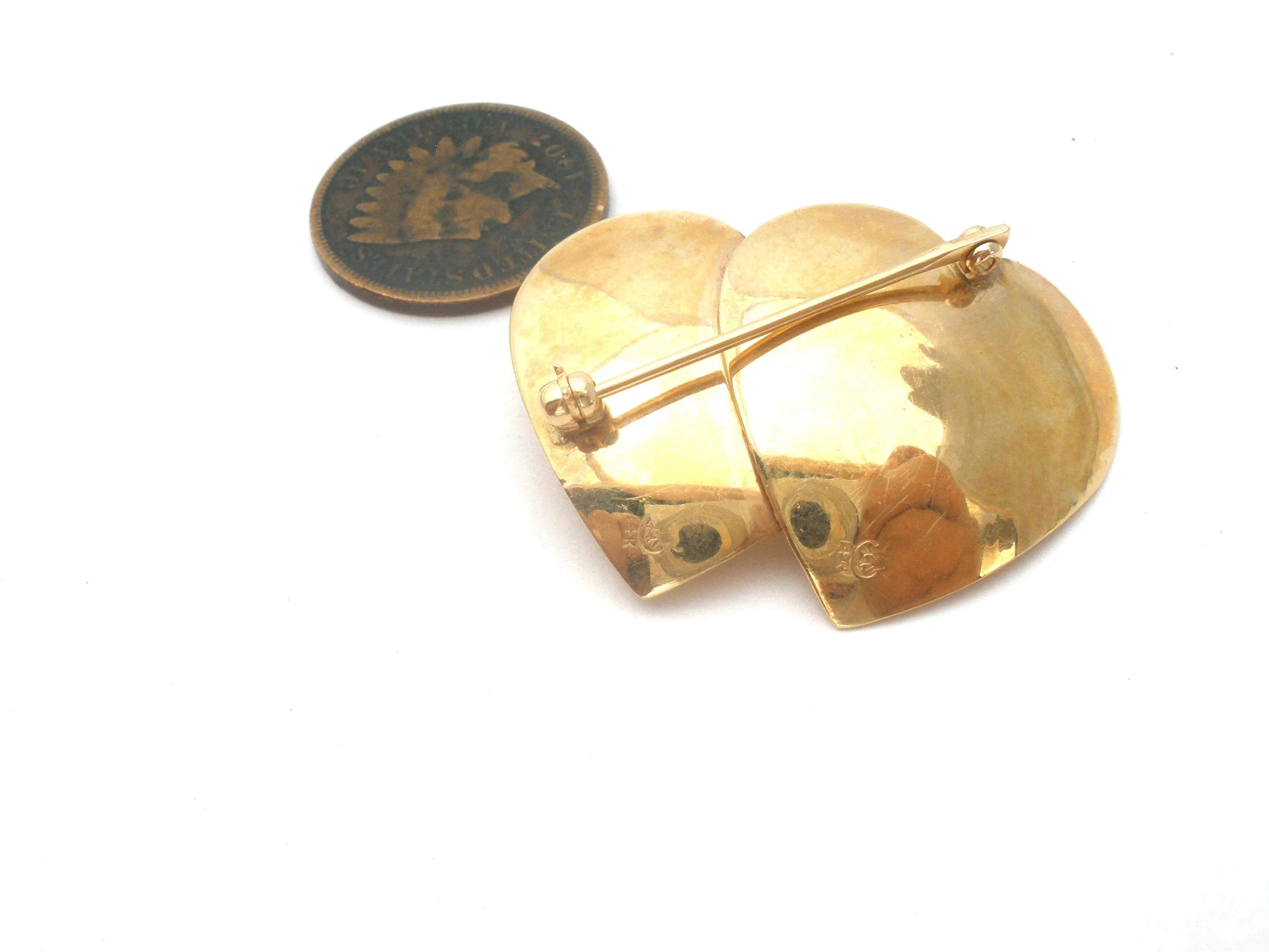 14K Gold Heart Brooch Pin With Pearl Vintage