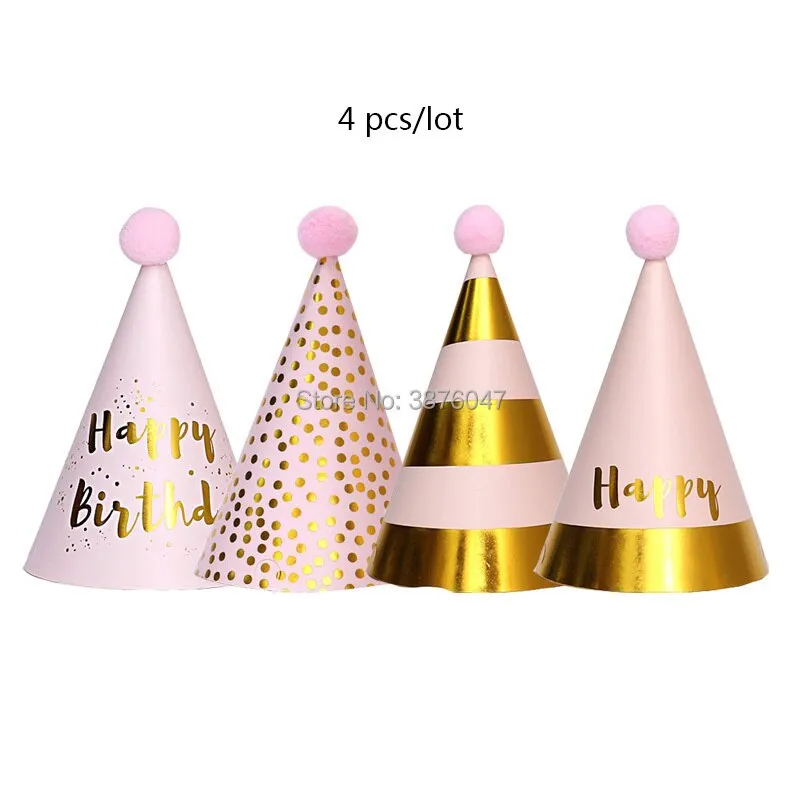 4 pcs/lot birthday hats kids boy girl pink black birthday party decorations  happy birthday paper hat  prince princess crown