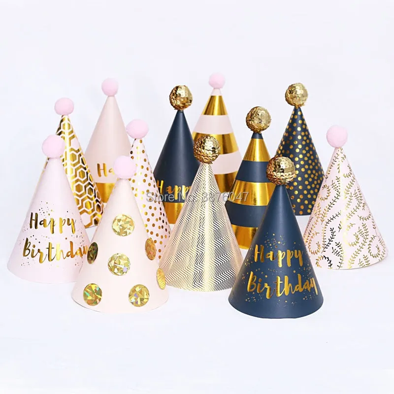 4 pcs/lot birthday hats kids boy girl pink black birthday party decorations  happy birthday paper hat  prince princess crown