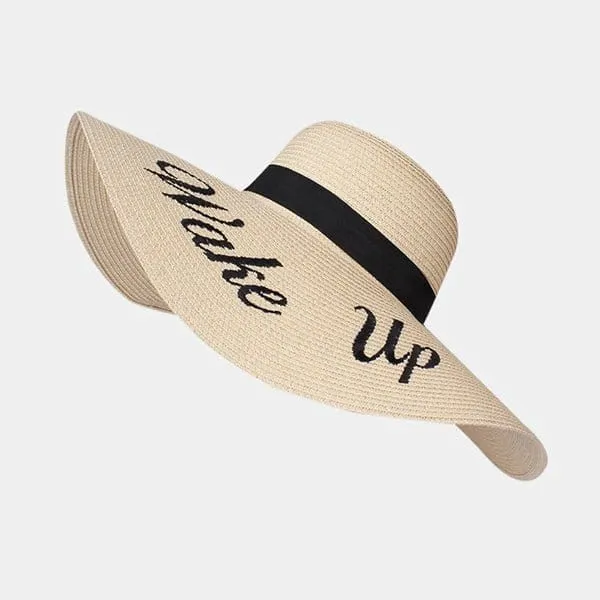 AO3045 "Wake Up" Letter Embroidered Wide Brim Straw Hat