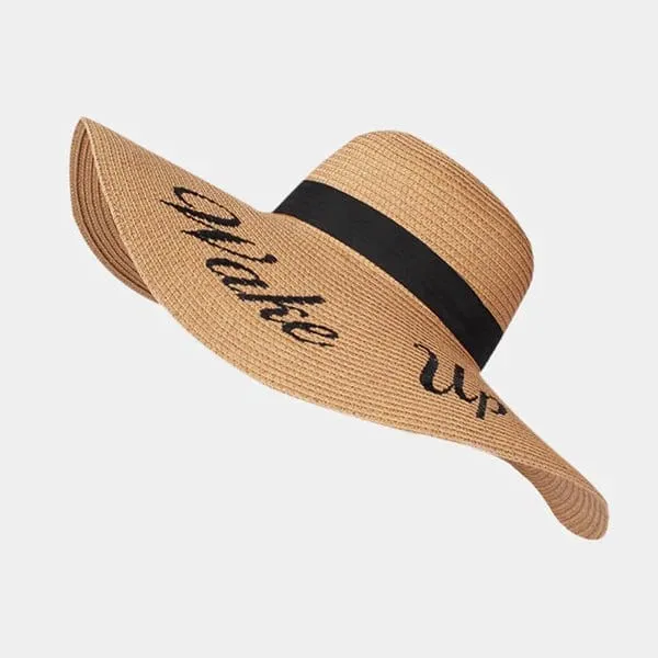 AO3045 "Wake Up" Letter Embroidered Wide Brim Straw Hat