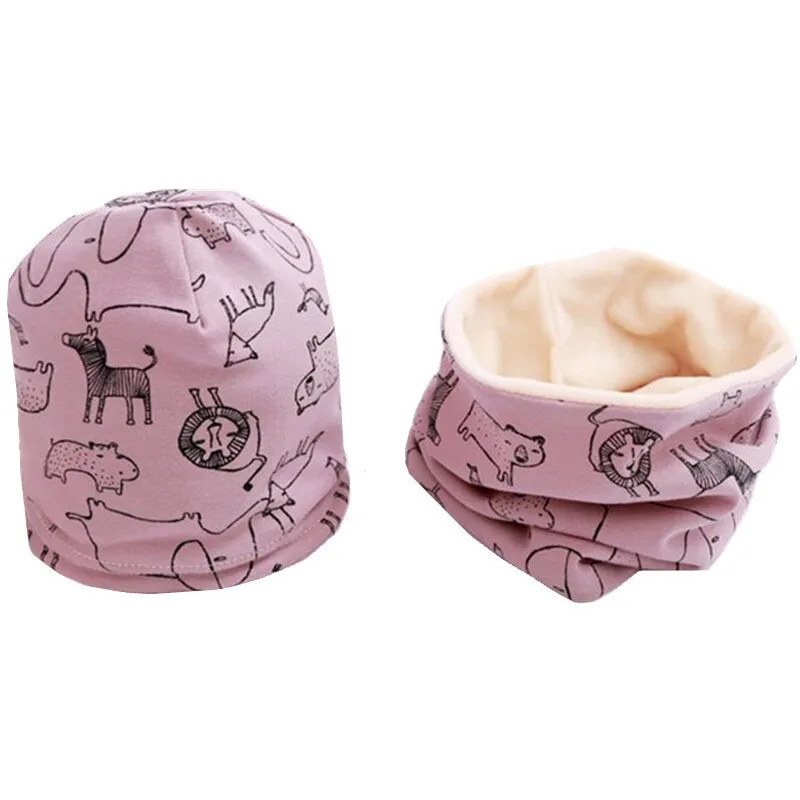 Autumn Winter Cotton Knit Children's Hat Collar 2 Set Boys and Girls Hats Set Baby Solid Color Scarf Cap two-piece