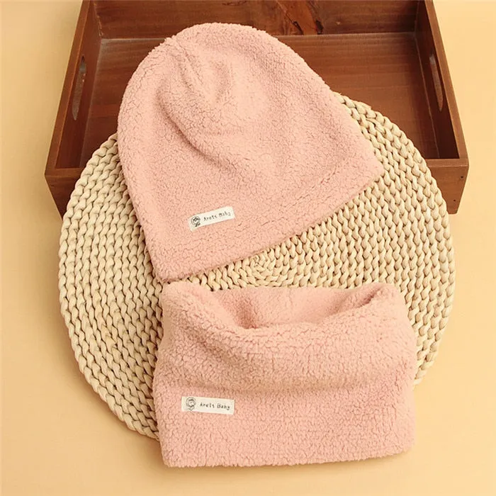 Autumn Winter Cotton Knit Children's Hat Collar 2 Set Boys and Girls Hats Set Baby Solid Color Scarf Cap two-piece