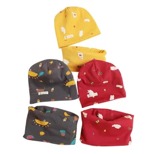 Autumn Winter Cotton Knit Children's Hat Collar 2 Set Boys and Girls Hats Set Baby Solid Color Scarf Cap two-piece