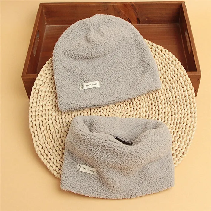 Autumn Winter Cotton Knit Children's Hat Collar 2 Set Boys and Girls Hats Set Baby Solid Color Scarf Cap two-piece