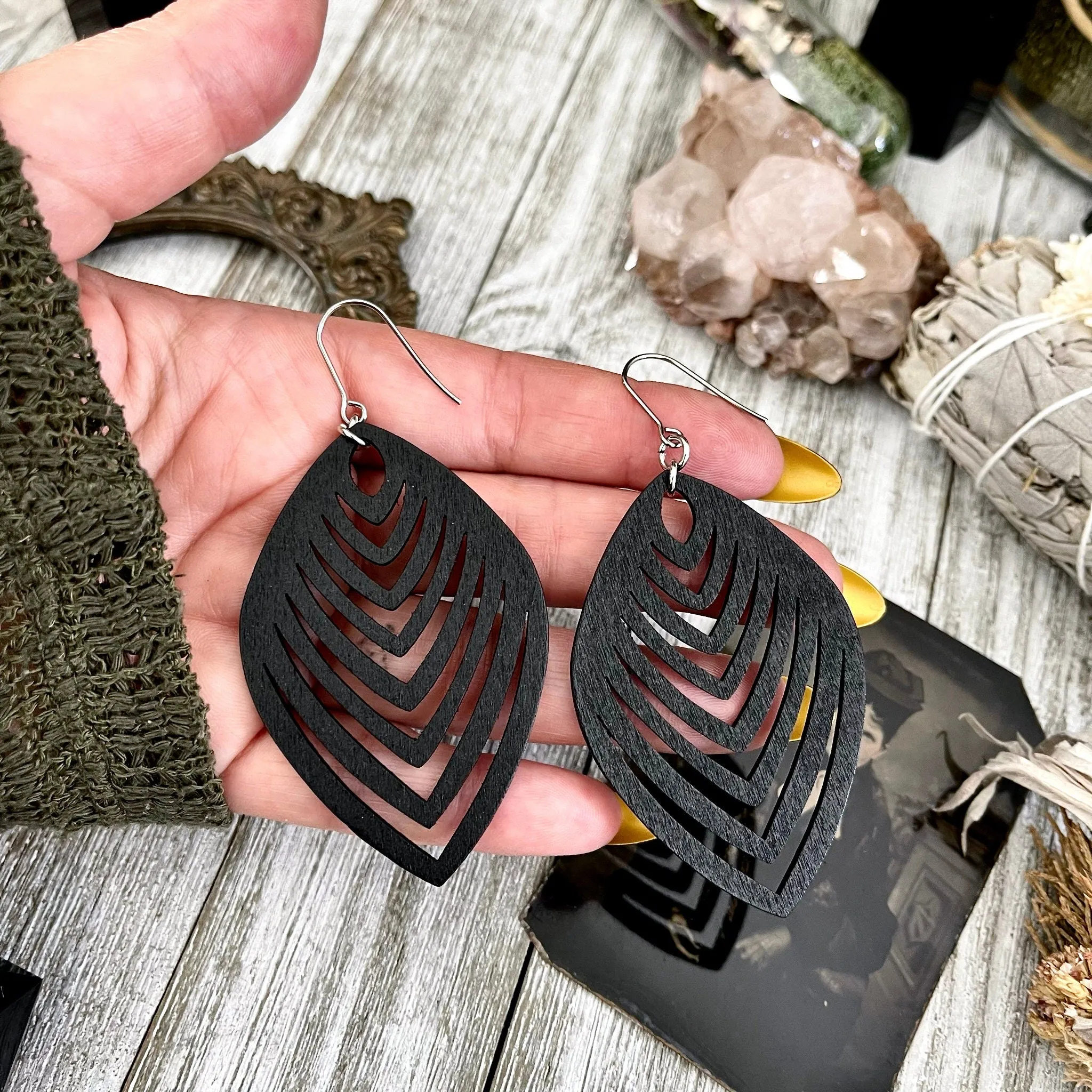 Black Laser Cut Wooden Earrings  / Stainless Steel Long Dangly Earrings