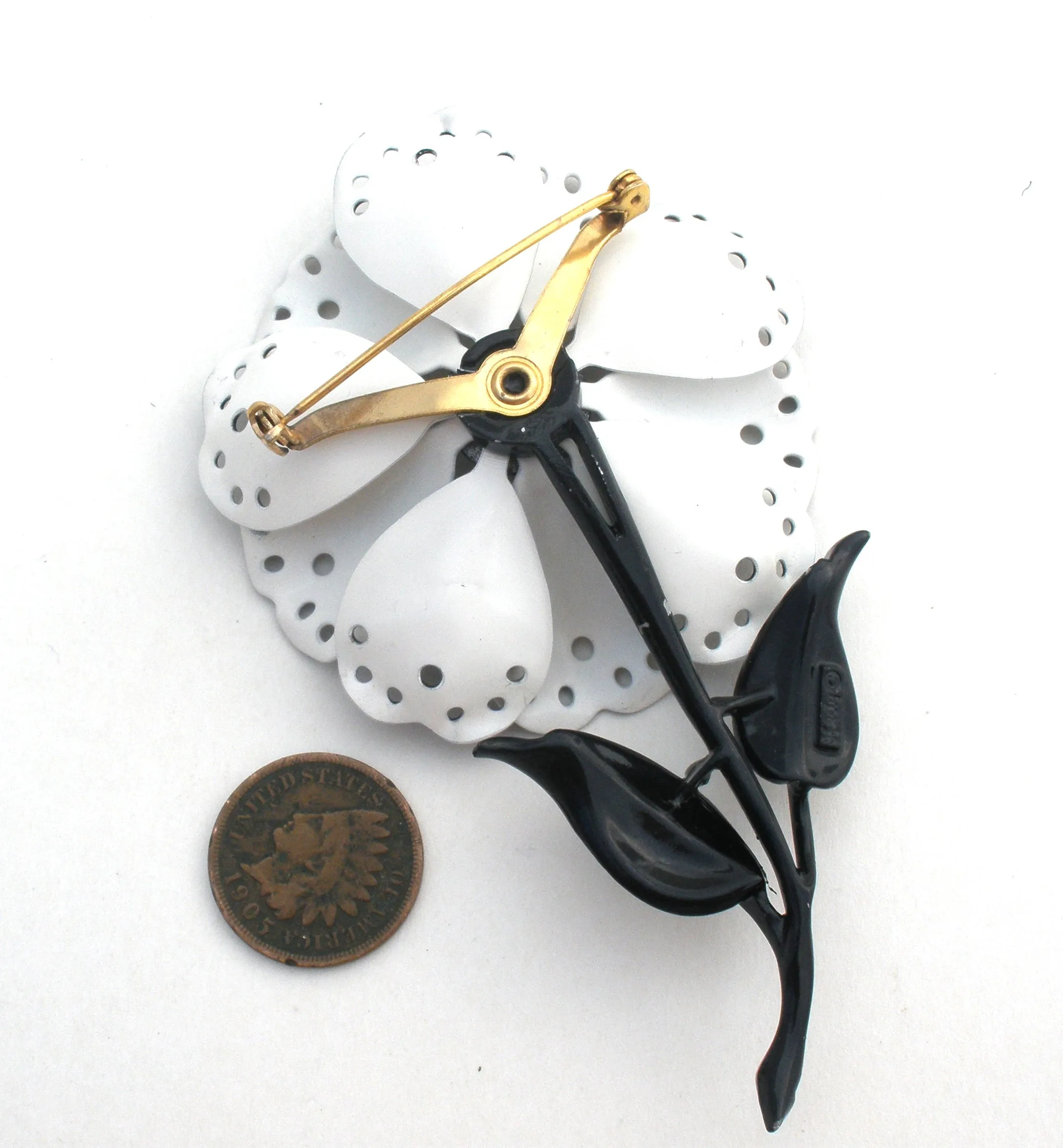 Black White Enamel Flower Brooch Pin Hedy