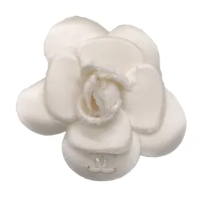 Chanel Ivory CC Logo Silk Camellia Brooch