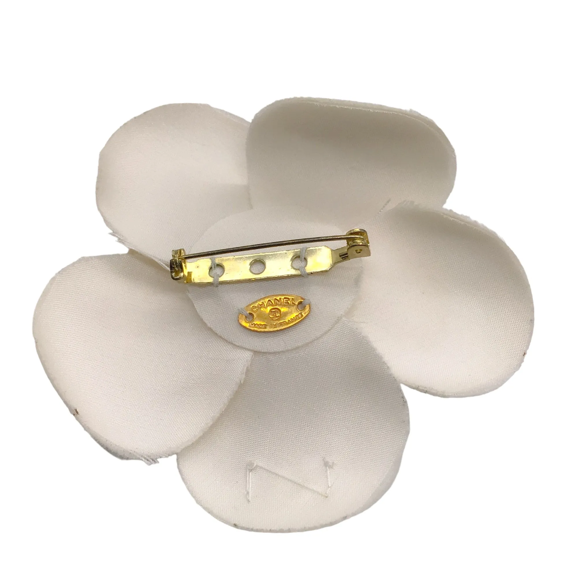 Chanel Ivory CC Logo Silk Camellia Brooch