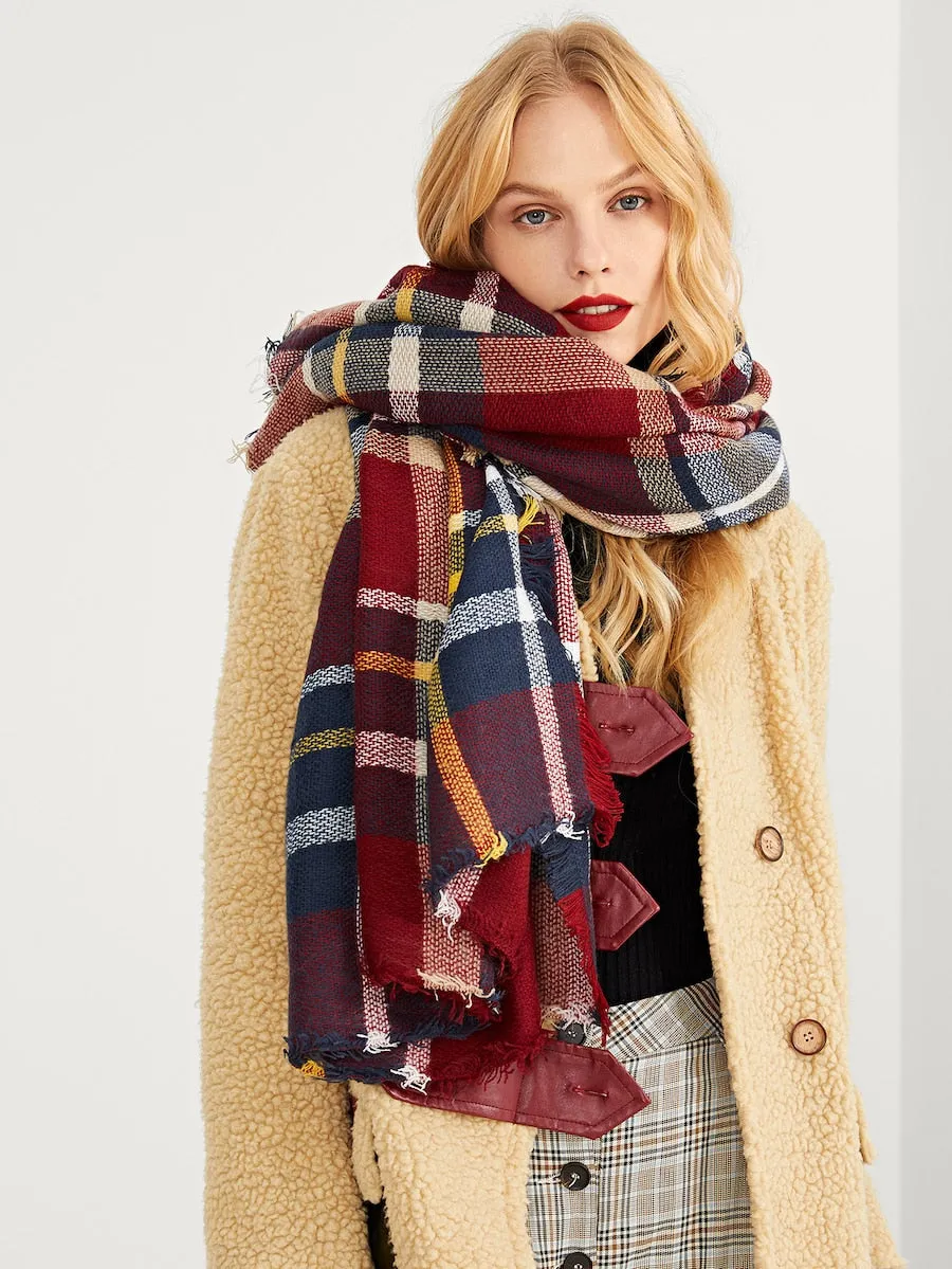 Check Frayed Trim Plaid Scarf