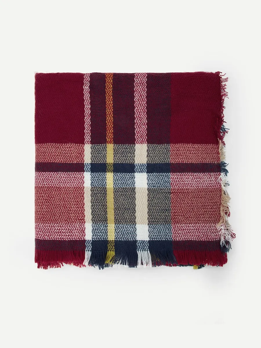 Check Frayed Trim Plaid Scarf