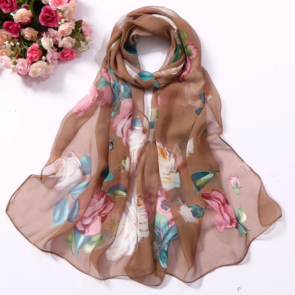 Chiffon Florak Print Scarves Silk Scarf Fashion Women Roses Printing Long Soft Wrap Scarf Simulation Silk Shawl Beach Scarf