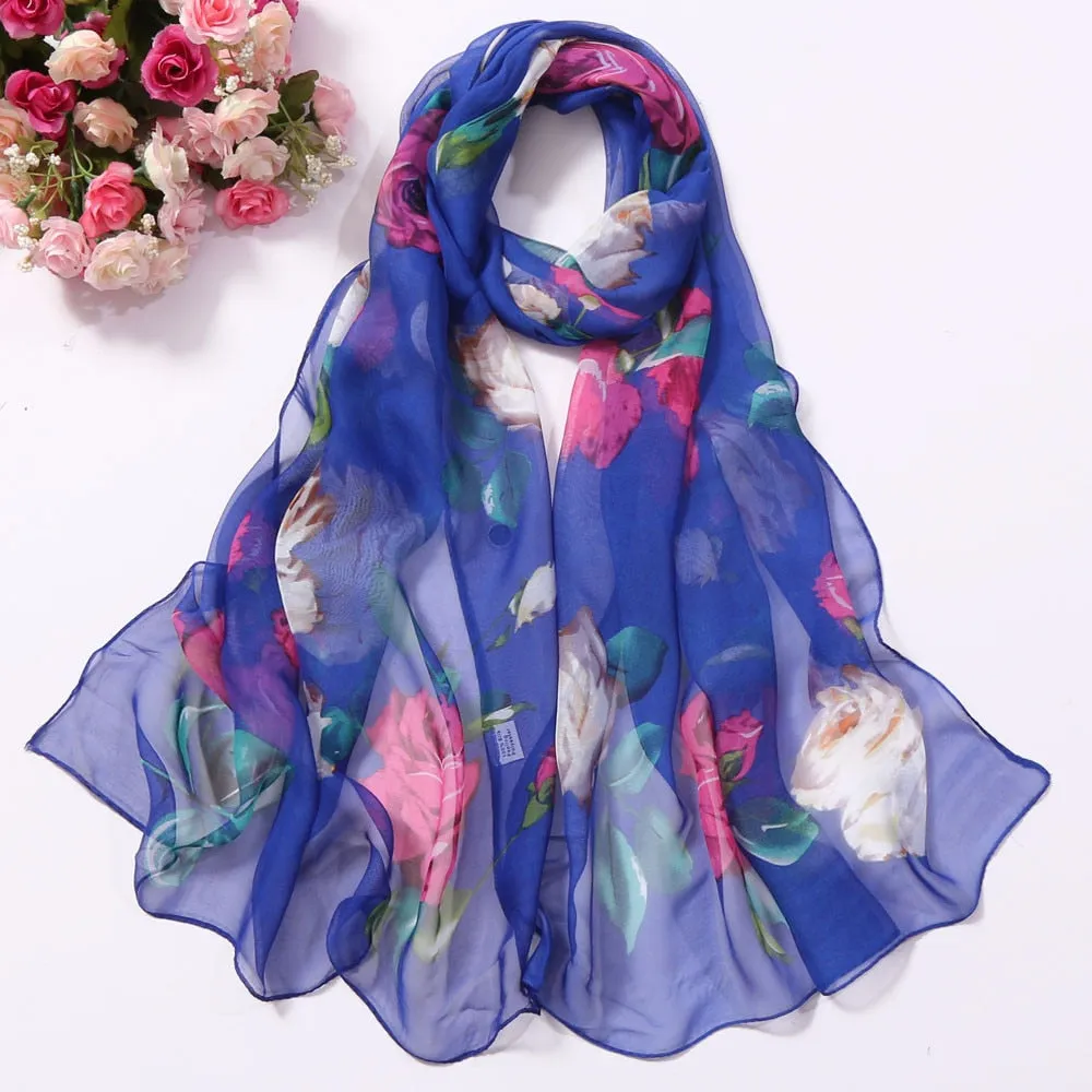 Chiffon Florak Print Scarves Silk Scarf Fashion Women Roses Printing Long Soft Wrap Scarf Simulation Silk Shawl Beach Scarf