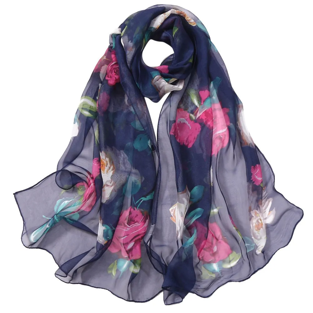 Chiffon Florak Print Scarves Silk Scarf Fashion Women Roses Printing Long Soft Wrap Scarf Simulation Silk Shawl Beach Scarf