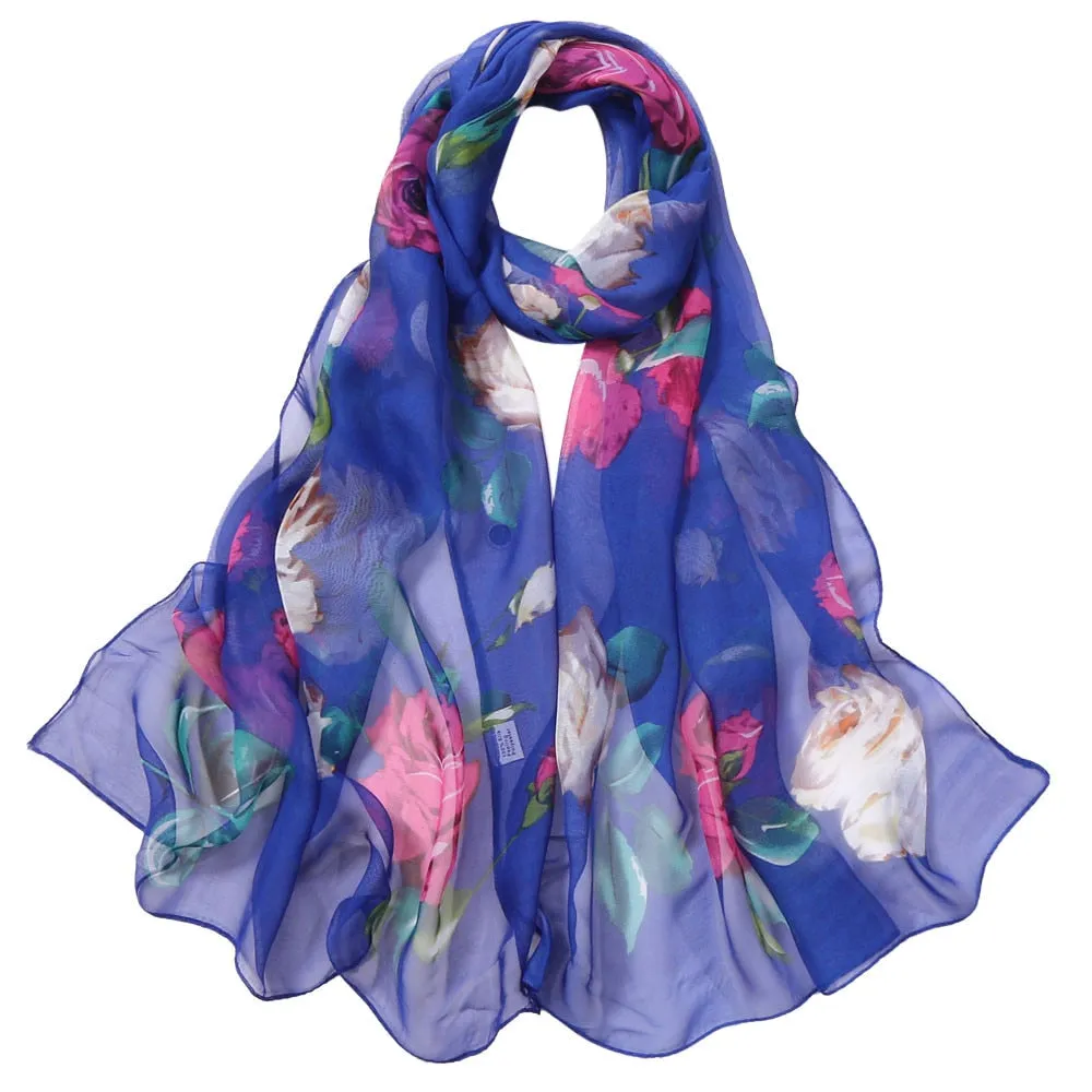 Chiffon Florak Print Scarves Silk Scarf Fashion Women Roses Printing Long Soft Wrap Scarf Simulation Silk Shawl Beach Scarf