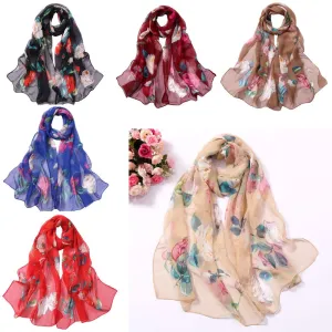 Chiffon Florak Print Scarves Silk Scarf Fashion Women Roses Printing Long Soft Wrap Scarf Simulation Silk Shawl Beach Scarf