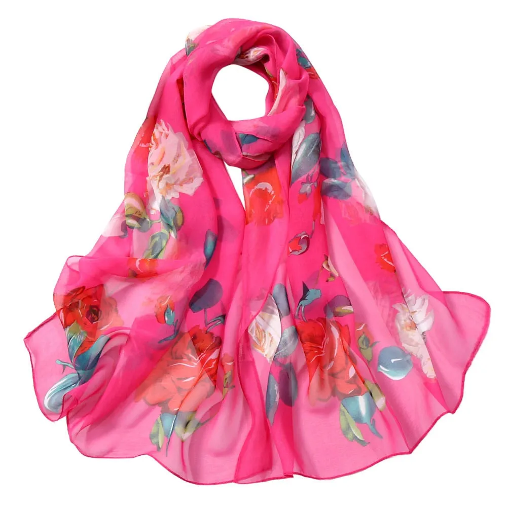 Chiffon Florak Print Scarves Silk Scarf Fashion Women Roses Printing Long Soft Wrap Scarf Simulation Silk Shawl Beach Scarf