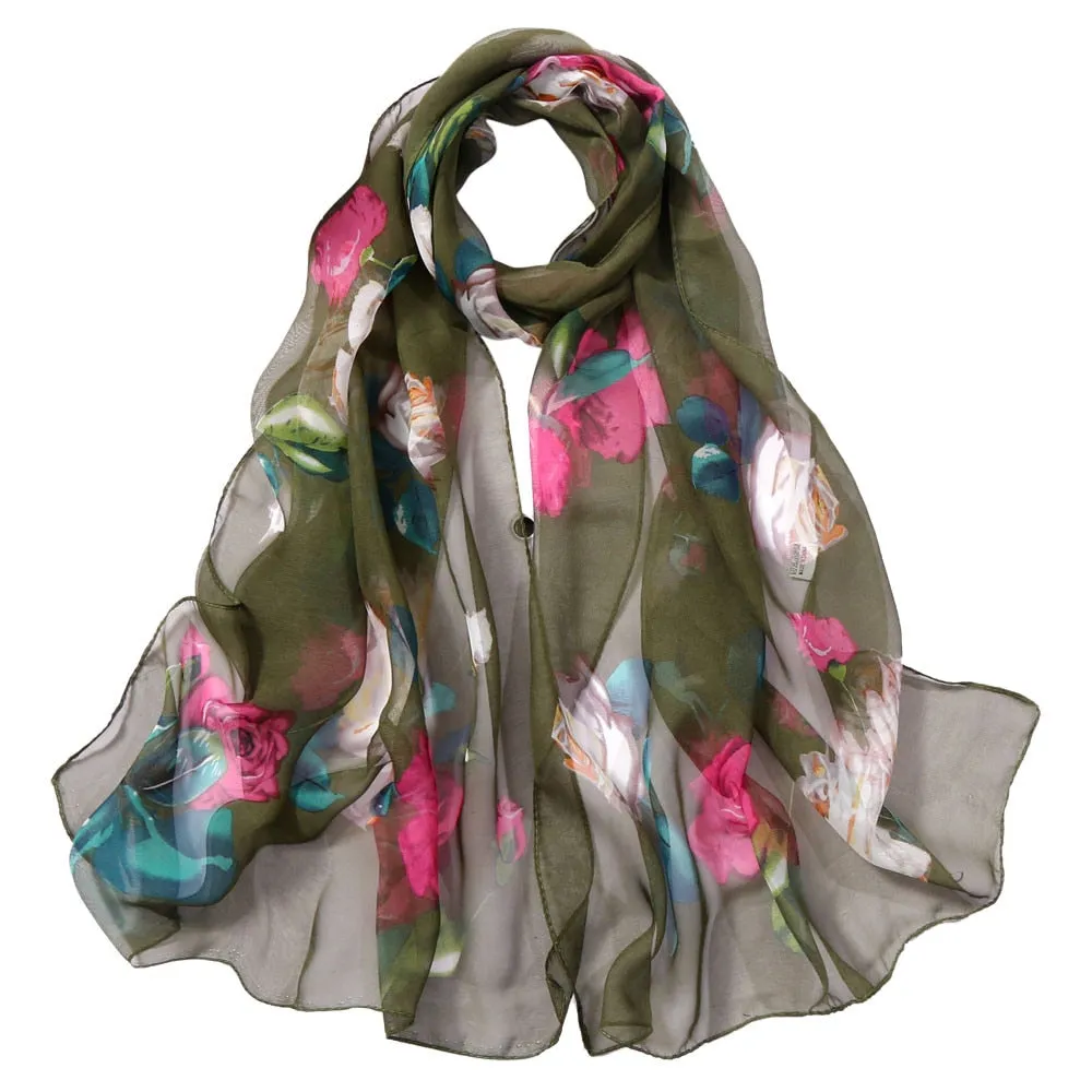 Chiffon Florak Print Scarves Silk Scarf Fashion Women Roses Printing Long Soft Wrap Scarf Simulation Silk Shawl Beach Scarf