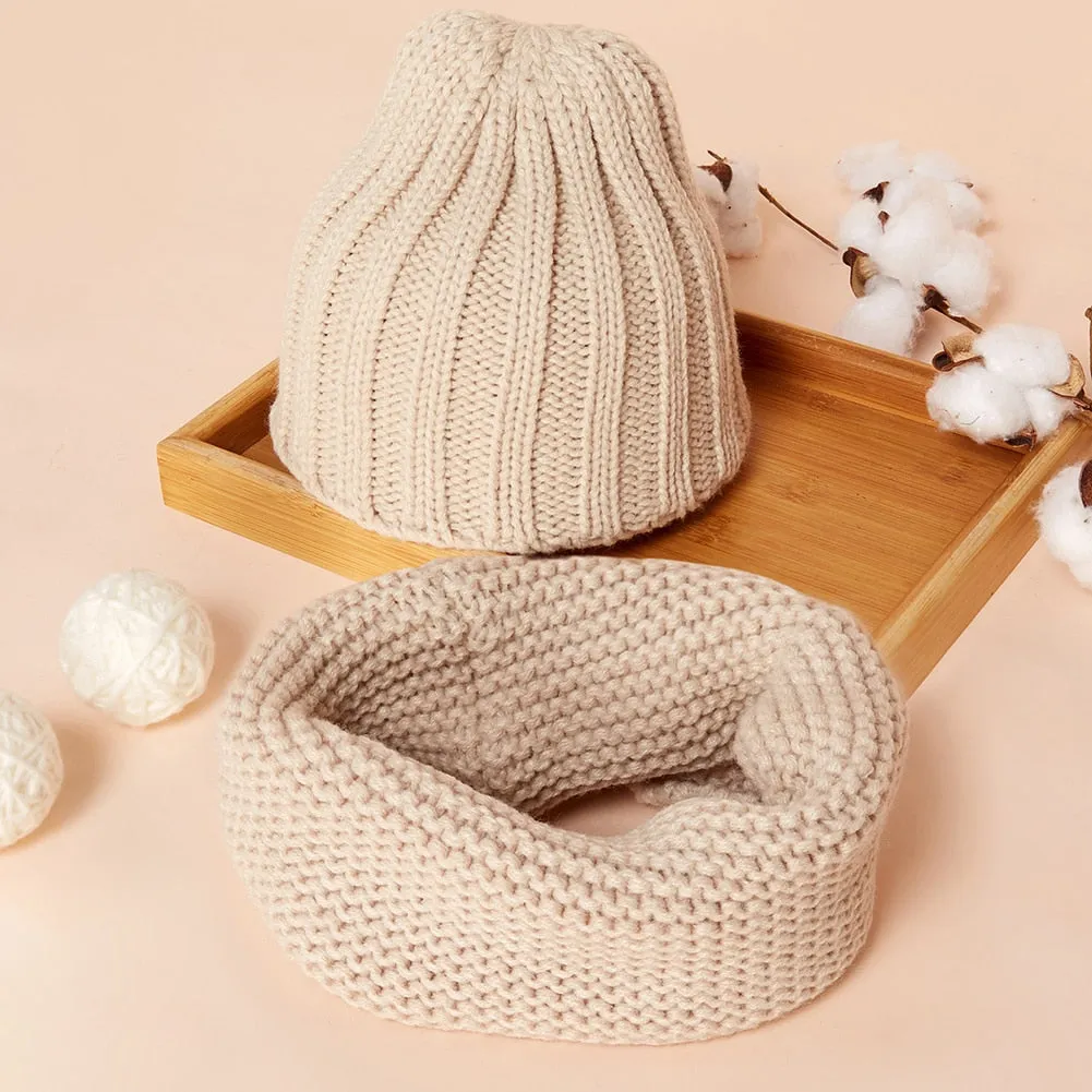 Lovely Cute Soft Baby Kids  Boy Girl Yarn Knitted  Winter  Warm  Beanie  Cap Hat Scarf Spring Warm Neck Collar Kids Beanies Sets