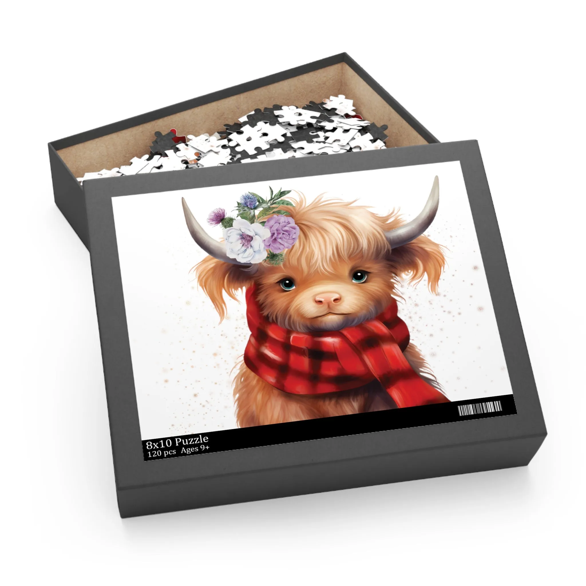 Personalised/Non-Personalised Puzzle, Highland Cow with red tartan scarf (120, 252, 500-Piece)