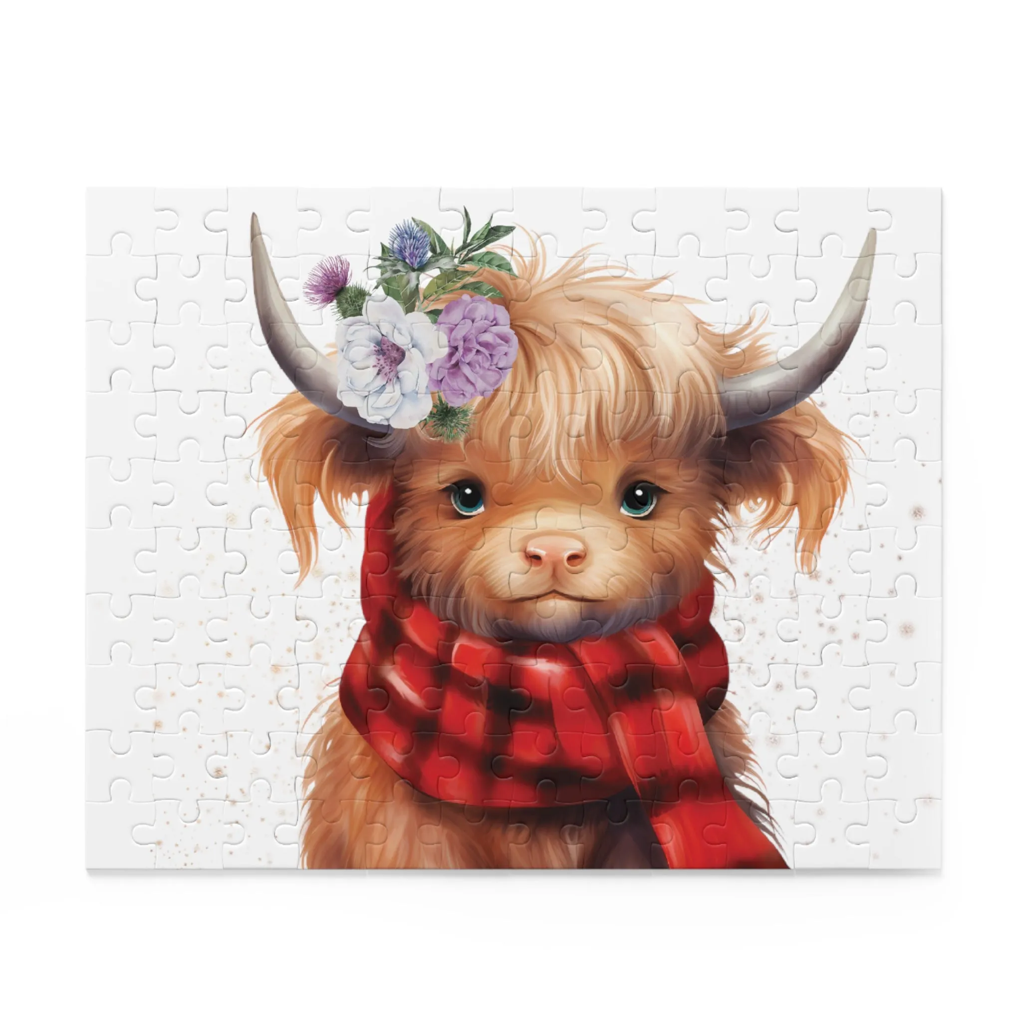 Personalised/Non-Personalised Puzzle, Highland Cow with red tartan scarf (120, 252, 500-Piece)