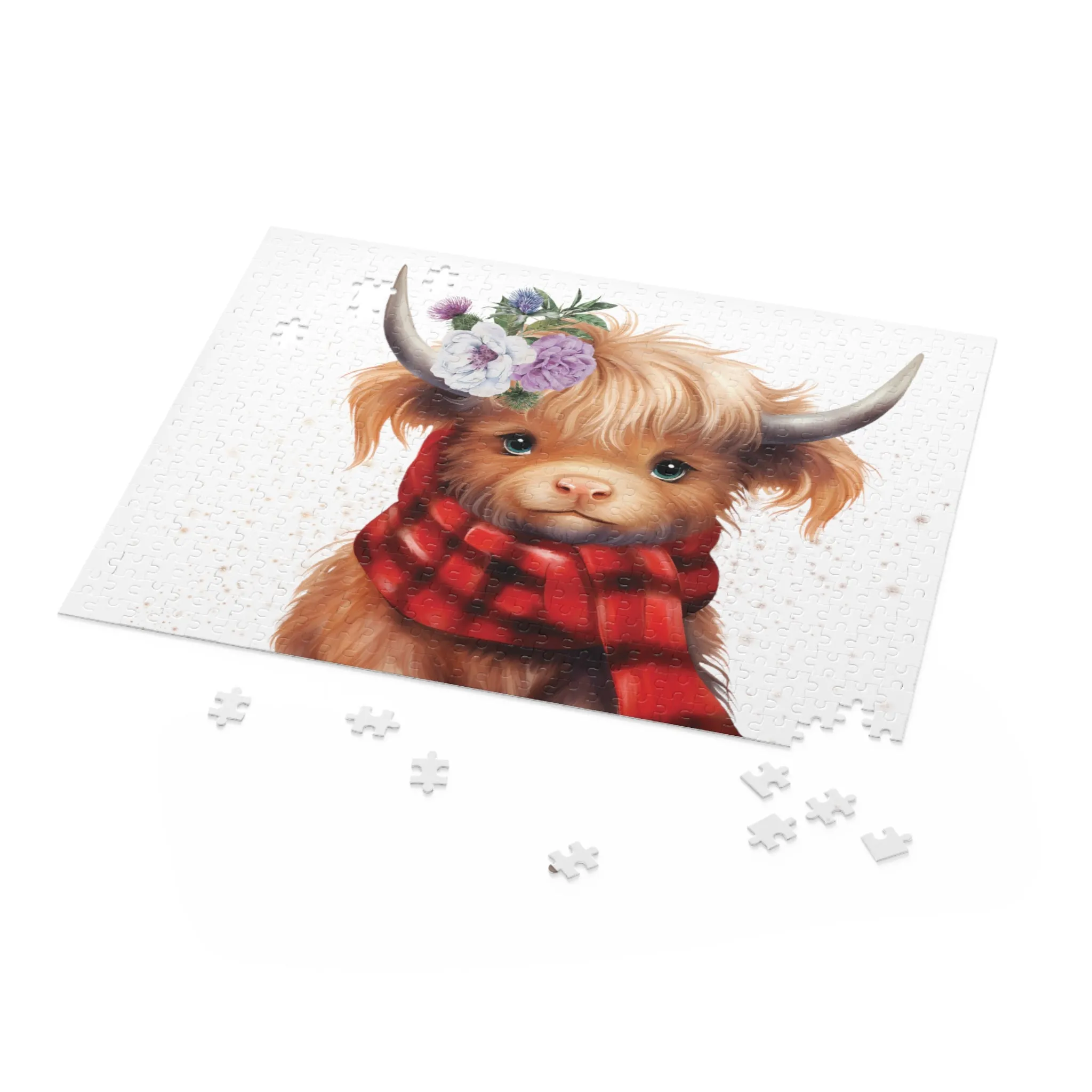 Personalised/Non-Personalised Puzzle, Highland Cow with red tartan scarf (120, 252, 500-Piece)