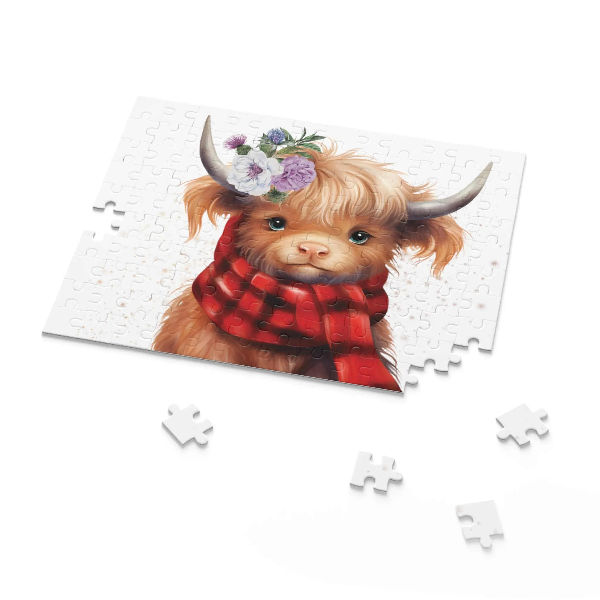 Personalised/Non-Personalised Puzzle, Highland Cow with red tartan scarf (120, 252, 500-Piece)