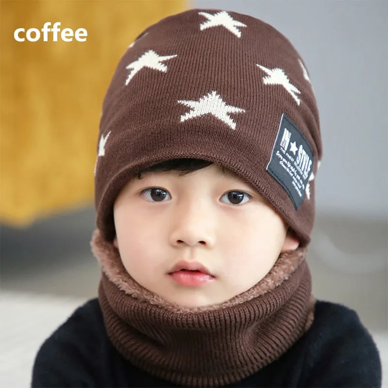 Q Kids Beanies Nice Gift Keep Warm Plush Knitted Ribbed Children Winter Supplies Hat Scarf Set Girl Boys Ring Scarves 2Pcs