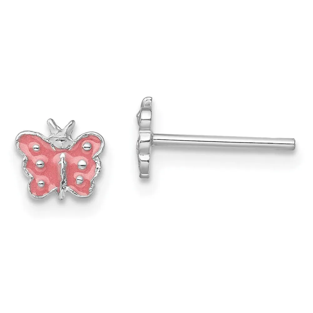 Rhodium-plated Sterling Silver Child's Enameled Butterfly Earrings