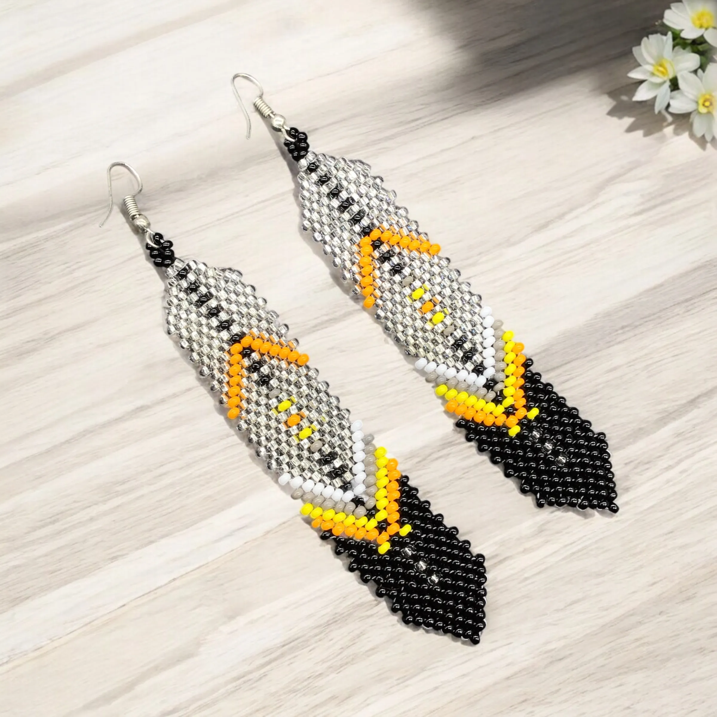 Silver Beaded Feather Earrings