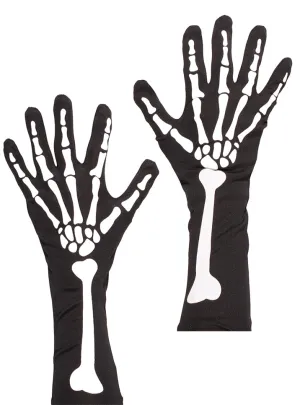 Skeleton Print Long Black Halloween Costume Gloves