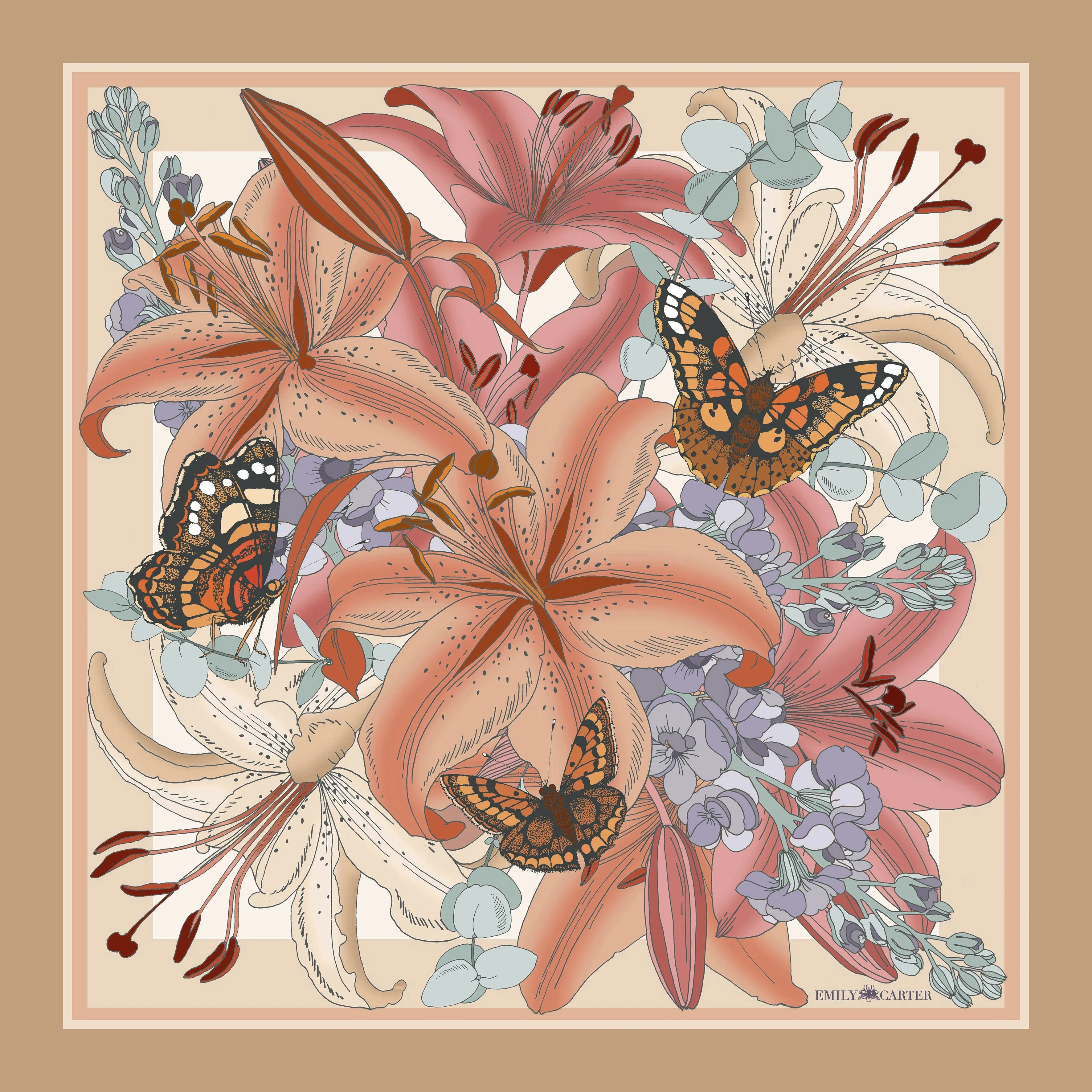 The Lily Bouquet Silk Scarf - Beige | 65x65cm