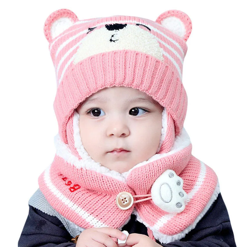 Unisex Kids Cartoon Bear Stripe Hats And Scarf Baby Cap Set Girl Boy Cap Scarf Set Child Winter Earmuffs Hat Scarf Warm Suit